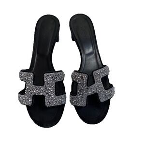 Hermès Oran Crystal Heeled Mule Sandals Black Leather 40 Silver Glitter Heels